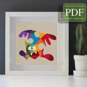 RAINBOW MONSTER - Cross Stitch Pattern pdf, Instant Download, Funny clown monster in rainbow colors with wings and pointed teeth, Chart