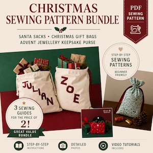 May include: A digital sewing pattern bundle for Christmas items including Santa sacks, gift bags, and a keepsake purse. The image displays two cream-colored fabric sacks with the names Julian and Zoe in red letters, and a small patterned drawstring bag.