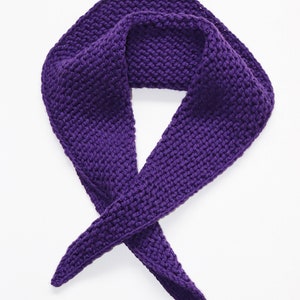 May include: A purple knitted scarf with a triangular shape. The scarf is folded in half and tied in a knot.