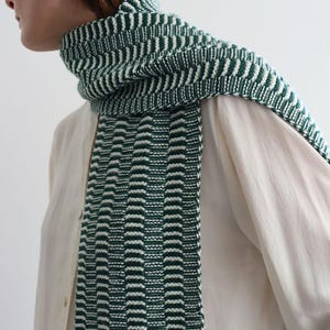 Könnte beinhalten: Ein grün-weiß gestreifter Schal. Der Schal ist um den Hals gewickelt und fällt nach vorne. Der Schal besteht aus einem Strickmaterial und hat ein strukturiertes Aussehen. Das Farbschema ist eine Kombination aus Dunkelgrün und Weiß.