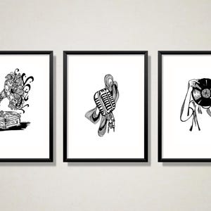 Music Wall Art | Black and White Digital Print Set | Gramophone, Microphone & Vinyl Record | Retro Music Decor | Instant Download