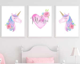 3 Personalised Prints Girls Unicorn Flowers Kids Room Nursery Wall Art Pictures