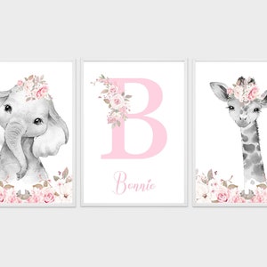 Safari Woodland Elephant Giraffe Bunny Baby Girls Set of 3 Nursery Prints Black & White Pink Flowers Floral Nursery Prints image 2