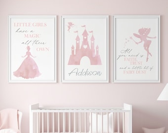 Personalised Princess Prints, Set of 3, Nursery Decor, Nursery Prints, Girls Bedroom Prints, Princess Prints, Princess Decor, Pink Bedroom