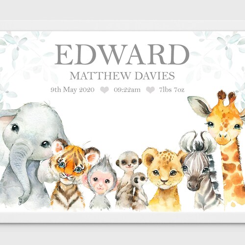 Personalised Safari Animal Baby Girl Nursery Print Birth Gift - Etsy Personalised Safari Animal Baby Girl Nursery Print Birth Gift - Etsy