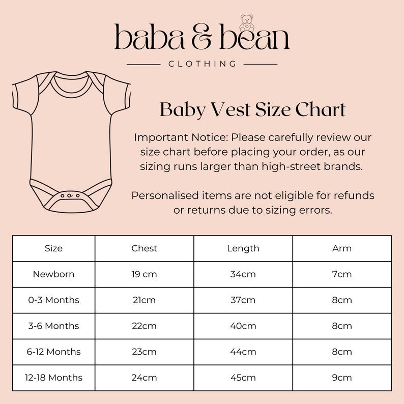 Pode incluir: Uma tabela de tamanhos de colete para beb&eacute; da baba & bean clothing com um desenho de linha de um body de manga curta. A tabela lista tamanhos de rec&eacute;m-nascido a 12-18 meses com medidas de peito, comprimento e bra&ccedil;o em cent&iacute;metros.