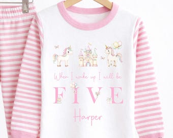 Personalised Unicorn Birthday Pyjamas, When I wake up Pjs, Girls Birthday PJs, Custom Name Sleepwear
