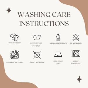 Peut inclure: Instructions d'entretien du linge avec des ic&ocirc;nes pour retourner les v&ecirc;tements &agrave; l'envers, laver en machine &agrave; froid, utiliser des d&eacute;tergents doux, ne pas blanchir, ne pas utiliser d'adoucissants, ne pas nettoyer &agrave; sec, repasser &agrave; l'envers et ne pas s&eacute;cher en machine.