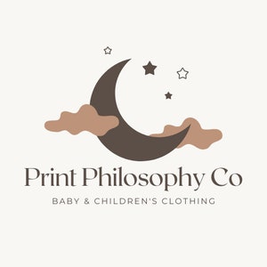 May include: A logo for a baby and children's clothing company called "Print Philosophy Co." The logo features a brown crescent moon with a brown cloud on either side. There are five small white stars above the moon.