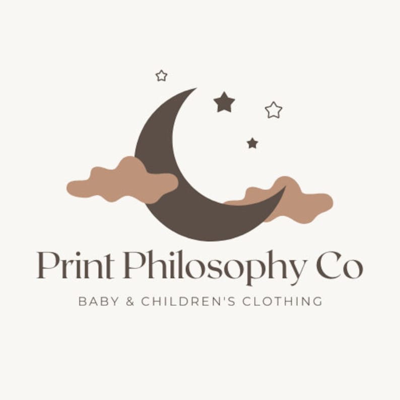 May include: A logo for a baby and children's clothing company called "Print Philosophy Co." The logo features a brown crescent moon with a brown cloud on either side. There are five small white stars above the moon.