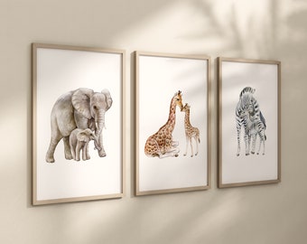Safari Nursery Prints, Elephant Giraffe Zebra Set of 3 Animal Nursery ...