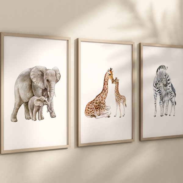 Safari Animal Prints, Elephant Giraffe Zebra Set of 3 Animal Nursery Prints, Safari Nursery Decor, Safari Nursery, Watercolour Animal Prints