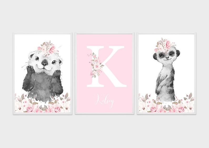 Safari Woodland Elephant Giraffe Bunny Baby Girls Set of 3 Nursery Prints Black & White Pink Flowers Floral Nursery Prints Pink