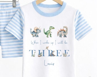 Personalised 3rd Birthday Short Pyjamas, Baby Boy Birthday PJs, Dinosaur Birthday Party, Custom Name Baby Sleepwear UK