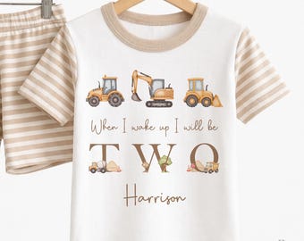 Personalised 2nd Birthday Short Pyjamas, Baby Boy Birthday PJs, Construction Birthday Party, Custom Name Baby Sleepwear UK