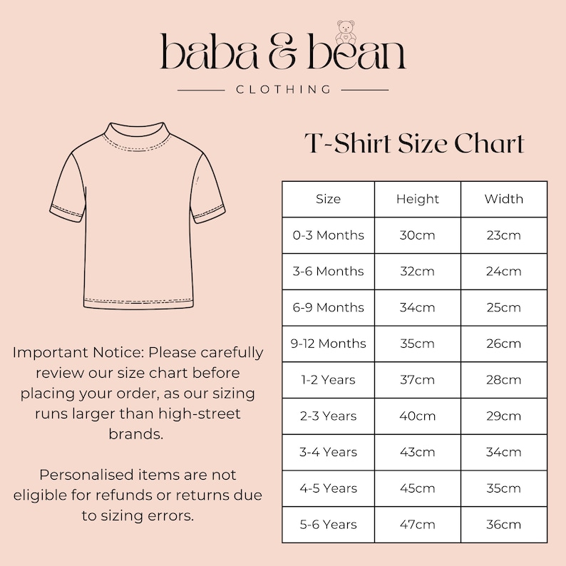 Pode incluir: Uma tabela de tamanhos de t-shirt da baba & bean clothing com um desenho de linha de uma t-shirt de manga curta e uma tabela listando tamanhos de 0-3 meses a 5-6 anos com medidas de altura e largura em cent&iacute;metros. Inclui avisos importantes.
