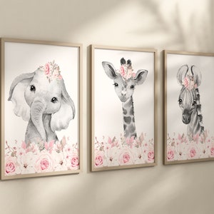 Safari Woodland Elephant Giraffe Zebra Girls Nursery Prints Black & White Pink Flowers Floral Prints