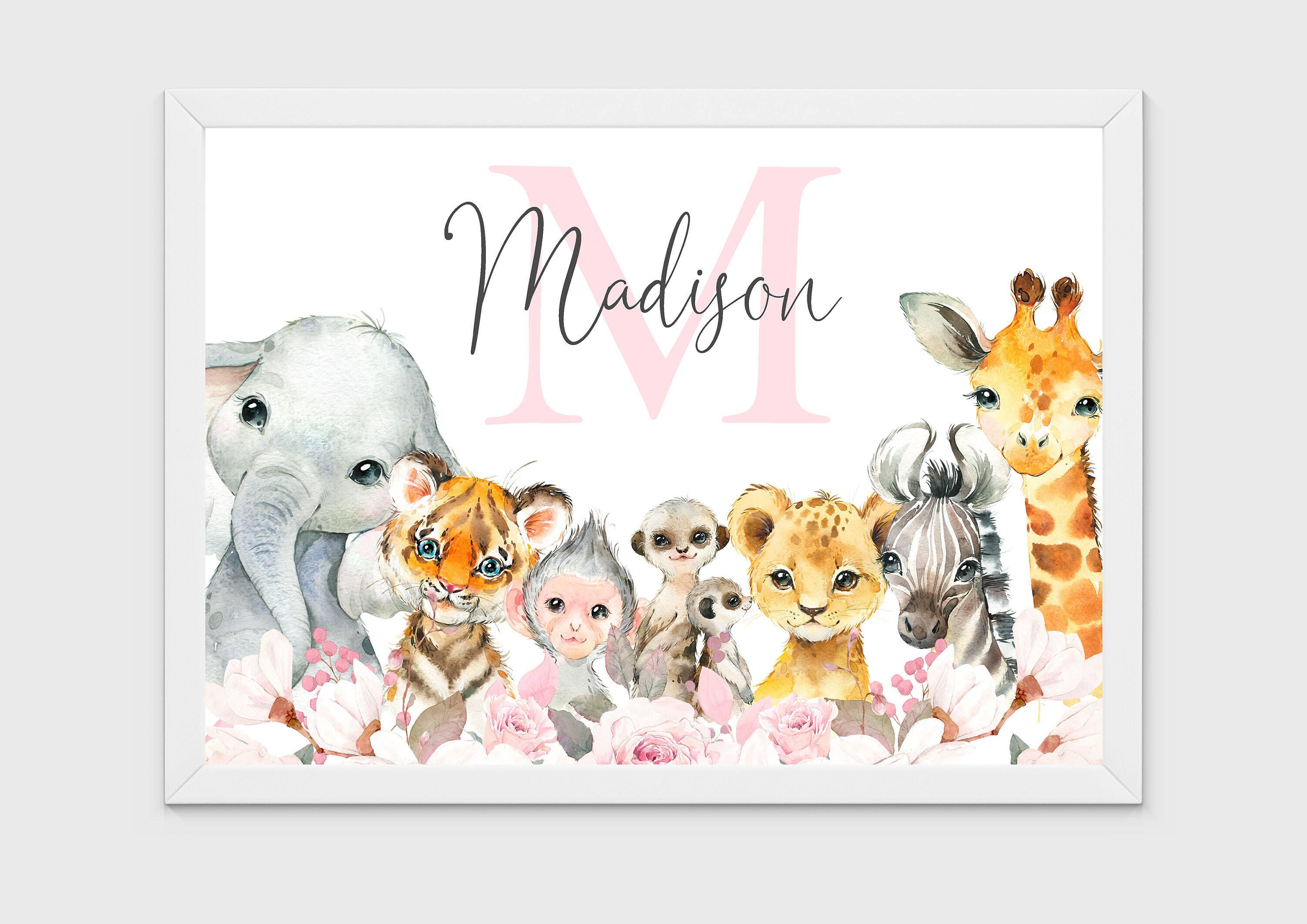 Personalised Safari Animal Baby Girl Nursery Print Birth Gift Etsy