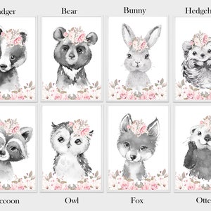 Safari Woodland Elephant Giraffe Bunny Baby Girls Set of 3 Nursery Prints Black & White Pink Flowers Floral Nursery Prints image 5