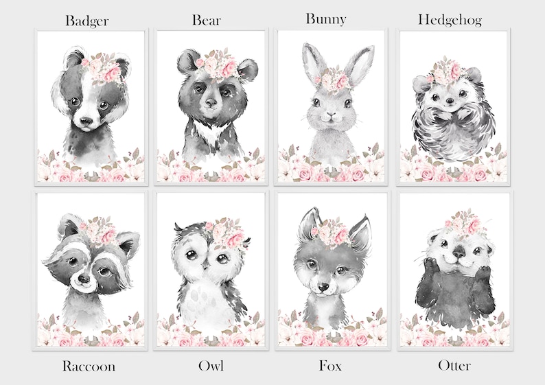 Safari Woodland Elephant Giraffe Bunny Baby Girls Set of 3 Nursery Prints Black & White Pink Flowers Floral Nursery Prints image 5