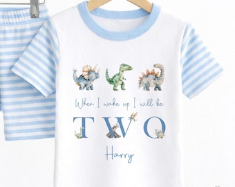 Personalised 2nd Birthday Short Pyjamas, Baby Boy Birthday PJs, Dinosaur Birthday Party, Custom Name Baby Sleepwear UK