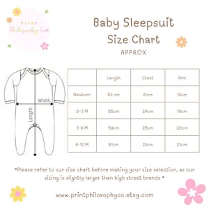 May include: A baby sleepsuit size chart with measurements in centimetres. The chart includes sizes for newborns, 0-3 months, 3-6 months, and 6-12 months. The chart also includes the length, chest, and arm measurements for each size. The Print Philosophy Co. logo is in the top left corner.
