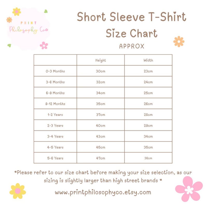 May include: A white size chart for short sleeve t-shirts, with measurements in centimetres. The chart includes sizes for children from 0-3 months to 5-6 years. The text "Short Sleeve T-Shirt Size Chart" is at the top.