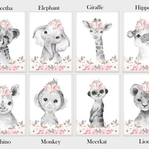 Safari Woodland Elephant Giraffe Bunny Baby Girls Set of 3 Nursery Prints Black & White Pink Flowers Floral Nursery Prints image 4