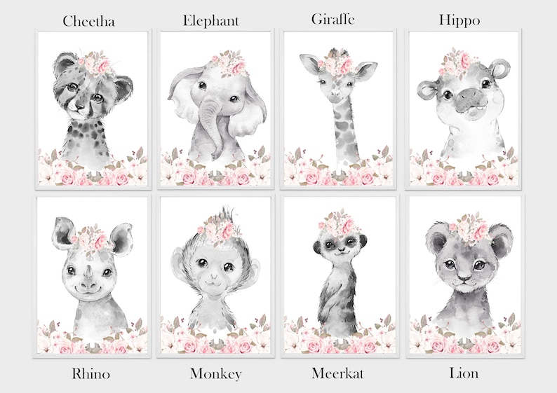 Safari Woodland Elephant Giraffe Bunny Baby Girls Set of 3 Nursery Prints Black & White Pink Flowers Floral Nursery Prints image 4