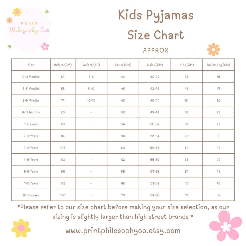 May include: A white informational size chart for kids pyjamas with brown text and floral accents. The table lists sizes from 0-3 months to 8-10 years, including columns for height in cm, weight in kg, chest, waist, hips, and inside leg in cm.