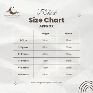 May include: T-shirt size chart with measurements in centimeters for different ages, from 6-12 months to 5-6 years. The chart shows the approximate height and width of each size.