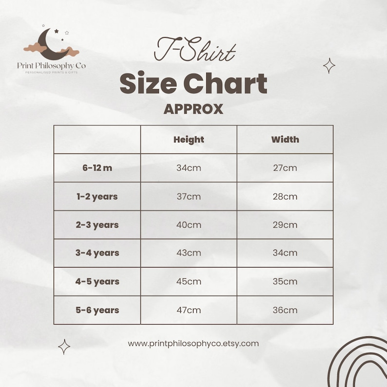 May include: T-shirt size chart with measurements in centimeters for different ages, from 6-12 months to 5-6 years. The chart shows the approximate height and width of each size.