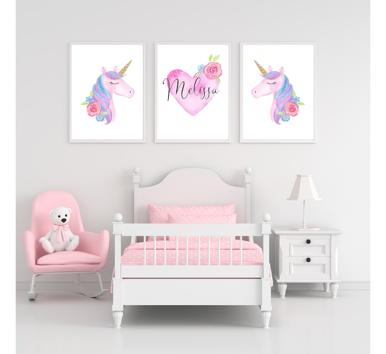 Set of 3 Personalised Princess and Unicorn Girls Bedroom Wall Art Prints A4 A5