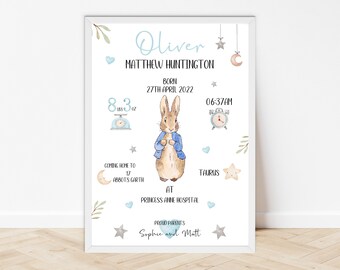 New Baby Print, Birth Details Print, Nursery Decor Boy, Birth Stats Print, Peter Rabbit Christening Gift, Baby Boy Gift, Personalised Gift