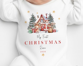 Personalised First Christmas Baby Sleepsuit – Custom Name Outfit – Newborn Christmas Vest – Baby’s 1st Xmas Gift – Babygrow UK