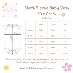 May include: A white size chart for short sleeve baby vests, with measurements in centimetres for chest, length, and arm. The chart includes sizes for newborns to 12-18 months. The text "Short Sleeve Baby Vest Size Chart" is at the top.