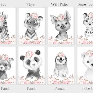 Safari Woodland Elephant Giraffe Bunny Baby Girls Set of 3 Nursery Prints Black & White Pink Flowers Floral Nursery Prints image 6