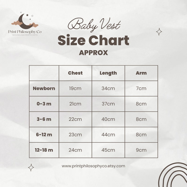 Peut inclure: Un tableau des tailles pour gilets de b&eacute;b&eacute; avec des mesures en centim&egrave;tres pour la poitrine, la longueur et le bras. Le tableau comprend les tailles de nouveau-n&eacute; &agrave; 12-18 mois.