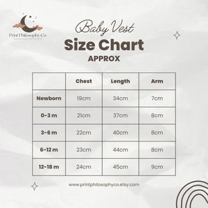 Op de afbeelding: Een maattabel voor babyvestjes met metingen in centimeters voor borst, lengte en arm. De tabel bevat maten van pasgeborenen tot 12-18 maanden.