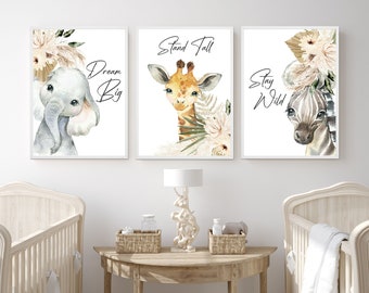 Safari Nursery Prints, Elephant Giraffe Zebra Set of 3 Animal Nursery Prints, Safari Nursery Decor, Safari Nursery, Boho Nursery Prints