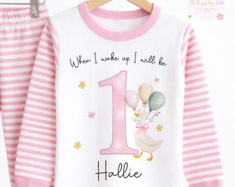 Personalised First Birthday Pyjamas Girl, Floral Duck 1st Birthday PJs, Custom Name One Pyjama Set, Baby Girl Birthday PJs UK
