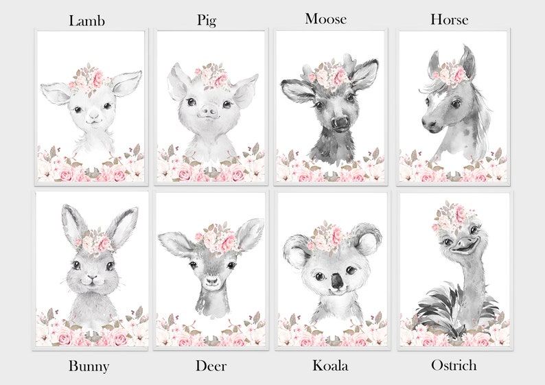 Safari Woodland Elephant Giraffe Bunny Baby Girls Set of 3 Nursery Prints Black & White Pink Flowers Floral Nursery Prints image 7