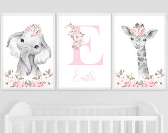 Safari Woodland Elephant Giraffe Bunny Baby Girls Set of 3 Nursery Prints Black & White Pink Flowers Floral Nursery Prints