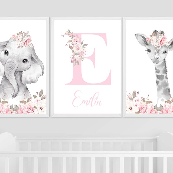 Safari Woodland Elephant Giraffe Bunny Baby Girls Set of 3 Nursery Prints Black & White Pink Flowers Floral Nursery Prints