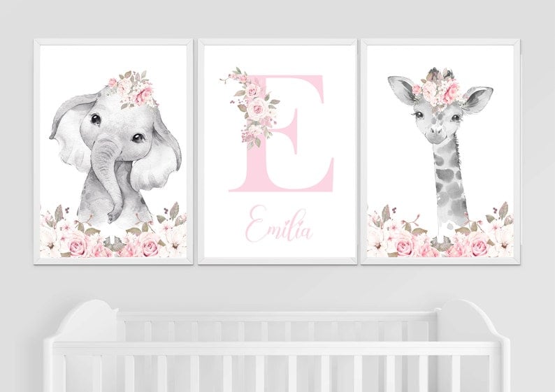 Safari Woodland Elephant Giraffe Bunny Baby Girls Set of 3 Nursery Prints Black & White Pink Flowers Floral Nursery Prints White