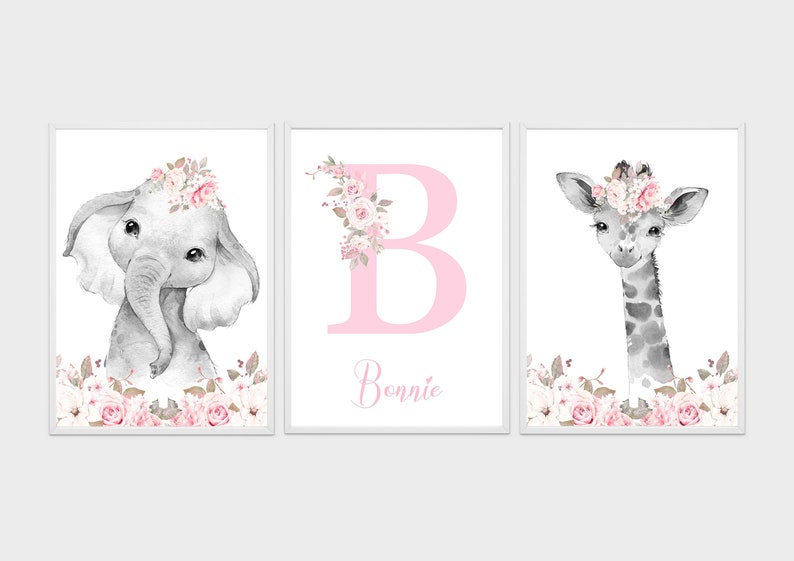 Safari Woodland Elephant Giraffe Bunny Baby Girls Set of 3 Nursery Prints Black & White Pink Flowers Floral Nursery Prints image 2