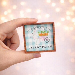 Könnte beinhalten: Ein kleines, quadratisches Holzschild mit einem Hasen, der einen Karren mit Karotten schiebt. Auf dem Schild steht "Cottontail's Carrot Patch" vor einem blau-weiß karierten Hintergrund. Das Schild wird in einer Hand gehalten.