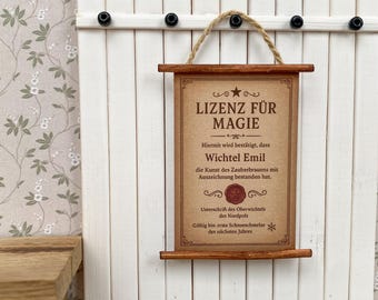 Miniaturowa licencja elfa na magię | Możliwość personalizacji | Miniaturowy certyfikat na drzwi elfa | Świąteczna dekoracja elfa | Magia w laboratorium domku dla lalek