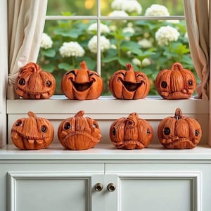 Può includere: Otto zucche di ceramica arancione con varie espressioni facciali scolpite sono esposte su una superficie bianca. Le zucche hanno diversi sorrisi e smorfie, perfette per le decorazioni di Halloween. Lo sfondo mostra una finestra con fiori bianchi.