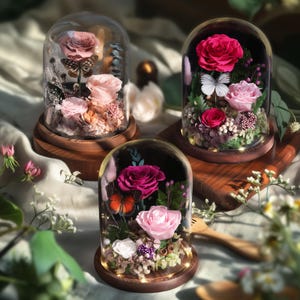 Beautiful Handmade Preserved Rose with Butterfly in Glass Dome, Gift for Her Birthday, Anniversary or Valentine's Day